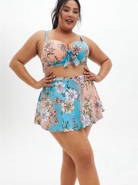 Torrid Swim Skater Skirt with Brief & Tummy Control in Blue and Peach. UPF 40